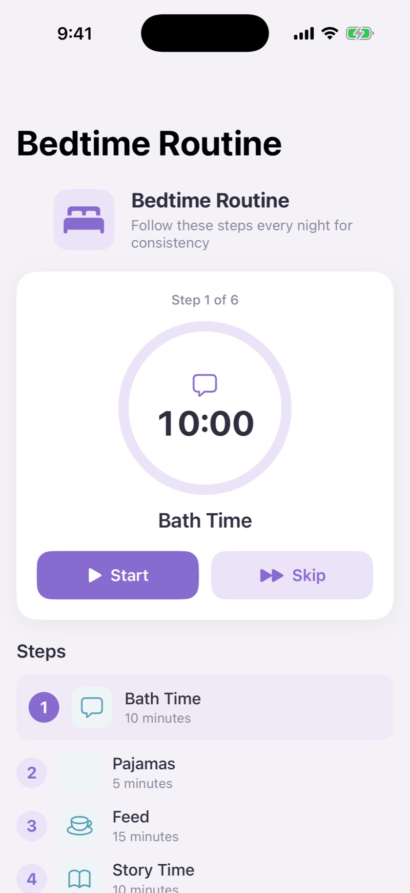 Bedtime routine timer counting down